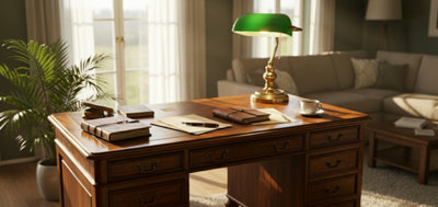 Un beau bureau en bois ciré dans un salon