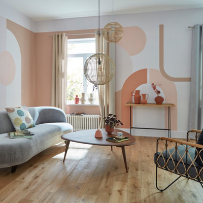 Exemple d'un salon très clair avec différentes formes géométriques