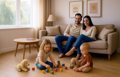 Une famille dans un salon avec les enfants qui jouent au sol sur un parquet