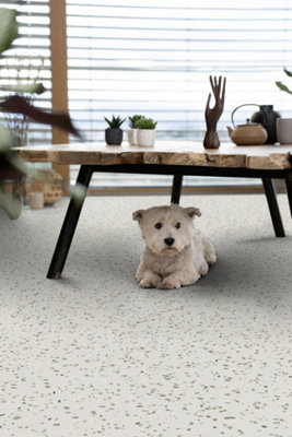 Un chien se repose sous une table basse dans un salon avec un PVC au sol