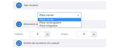 Sélectionnez le type de pièce, vous aurez le choix entre carré, rectangulaire ou irrégulière