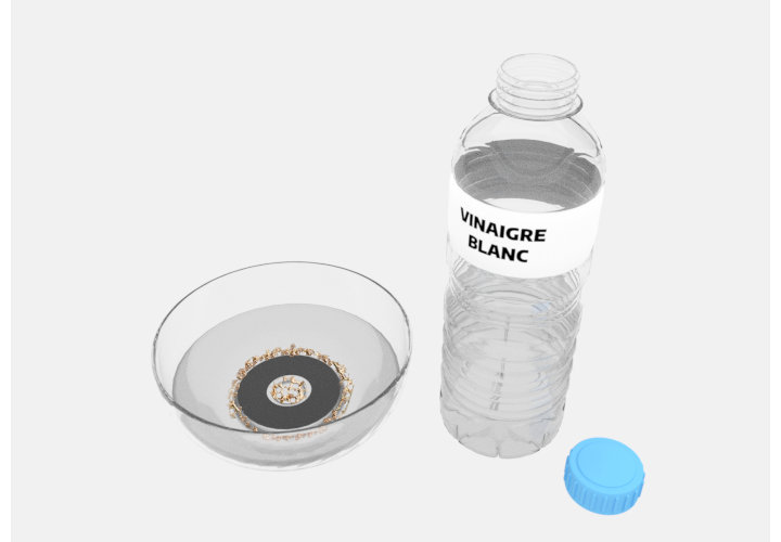 Bouteille vinaigre blacn avec verre et membre dedans avec vinaigre