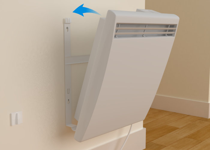 Pose du radiateur sur le mur avec flèches explicatives