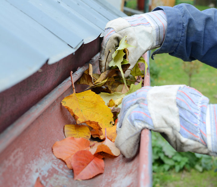 Une gouttière pleine de feuilles qui est en cours de nettoyage