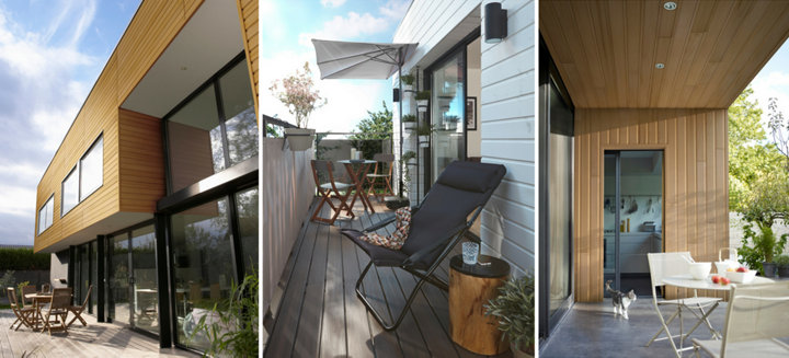 3 images de maison et leur baradge bois